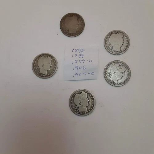 Lot of 5 Barber Quarters 1892, 1899, 1899-O, 1906, 1907-O, Circulated 90% Silver