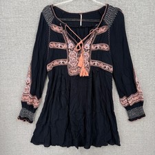 Free People Women's Sz S Wind Willow Embroidered Bohemian Mini Dress Blue Fairy