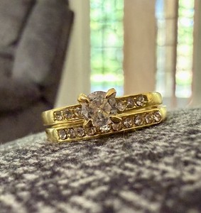 Gold Tone 2-Piece Bridal Set Solitaire Ring & Band Size 8