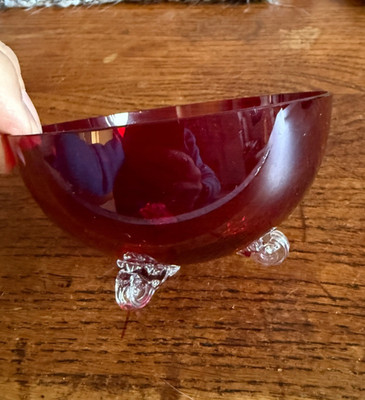 Vintage Schneckenfüße rot/rubin 3 x. Retro Glasschale Leckerli, Handarbeit 4 cm breit