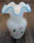 Cased Swirl Glass Vase Ruffled Blue Edge Hand Painted Roses Ground Pontil 6" H.