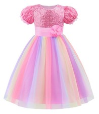 Uhnice Flower Girl Sequin Dress Puff Sleeve Rainbow Dress for Wedding Party