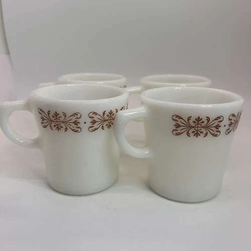 Pyrex Coffee Mugs/Cups Milk Glass Copper Filigree Set of 4