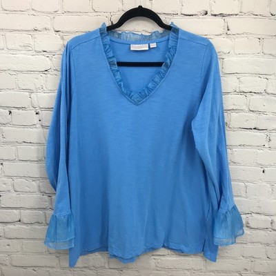 Belle by Kim Gravel Top Womens 1X Blue Casual Basic Flared Long Sleeve Blouse