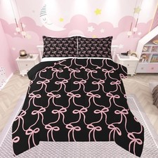 Cute Black Pink Bow Bedding Set Soft for Boys Girls, Kawaii Bowknot Comforter...