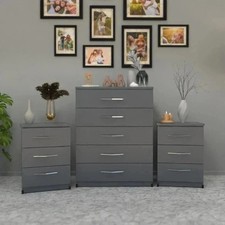 Ready Assembled Drawers Set Chest Of 5 Drawers 2x Bedside Cabinets Grey UK