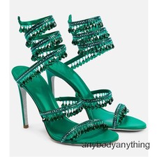 New Womens Crystal Rhinestone Tassel Plus Size Thin Heels High Heels Sandals