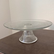 Vintage Anchor Hocking Clear Glass Cake Stand Pedestal Ribbed Base Frosted Top