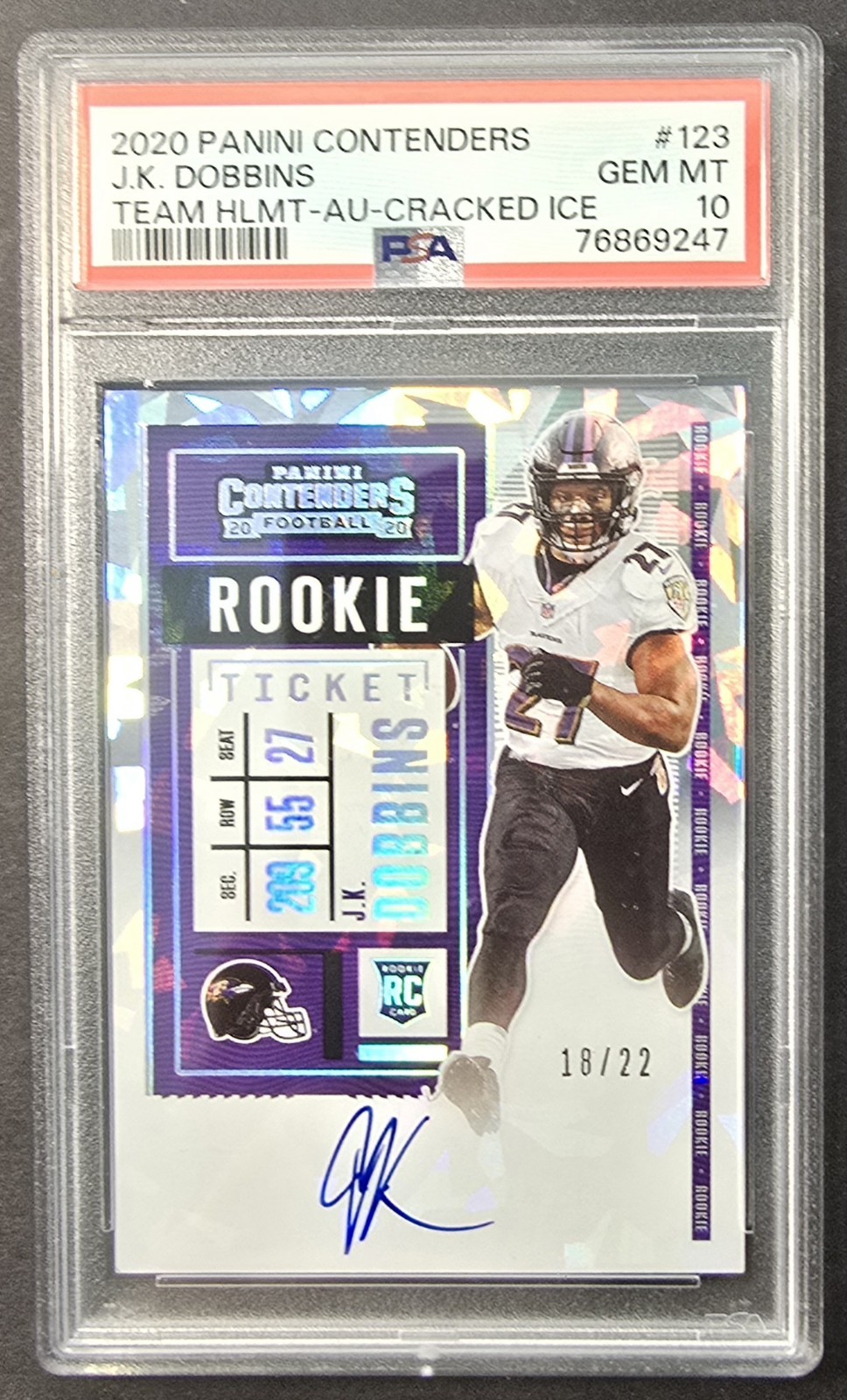 2020 Panini Contenders J.K. Dobbins Cracked Ice Ticket /22 Rookie Auto PSA 10