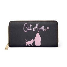 Cartera con cremallera Cat Mom | Silueta de gato rosa, patrón con estampado de pata