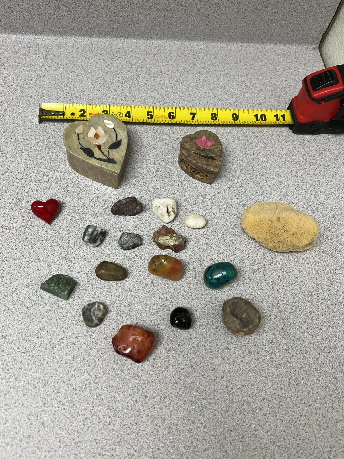 Junk drawer lot vintage - stone trinket boxes, sea sponge, rock Collection