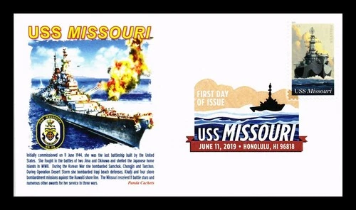 DR JIM STAMPS US COVER USS MISSOURI NAVAL BATTLESHIP FDC PANDA CACHET