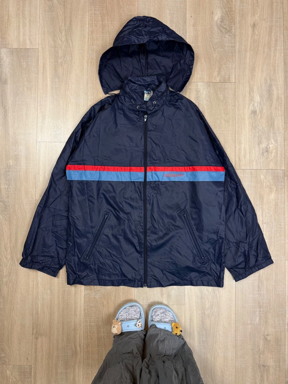 RARE Vintage 80s Adidas Nylon Packable Rain Windbreaker Jacket Dark Blue Size L