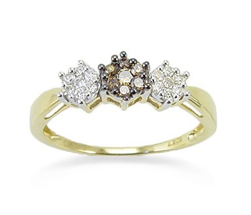 Chocolate Brown & White Diamond Trio Cluster Ring 10K Yellow Gold Band .26ct - 第 1/2 張圖片