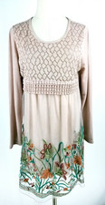 Simply Couture Womens Size L Long Sleeve Beige Dress Embroidered Overlay