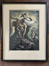 SIGNED WOODCUT, CASTELLS MARTI, ANDULASIAN DANCERS, UNDER GLASS, 1940S-50S