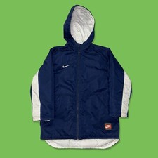 Vintage 90s Kids Nike Large Logo Navy Blue White Puffer Jacket Winter Coat Sz. M