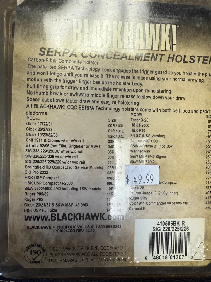 Blackhawk Serpa Concealment Holster RH Sig 220/225/226 410506BK-R - Image 2 of 2