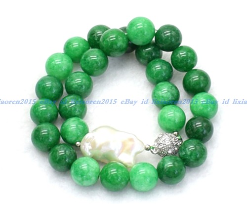 Natural 12mm Green Jade Gems Beads White Keshi Baroque Pearl Necklace 18" - Picture 2 of 12