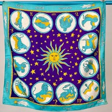Vintage 1960s Zodiac Astrology Burmel Scarf Teal Purple Gold Silk Rayon
