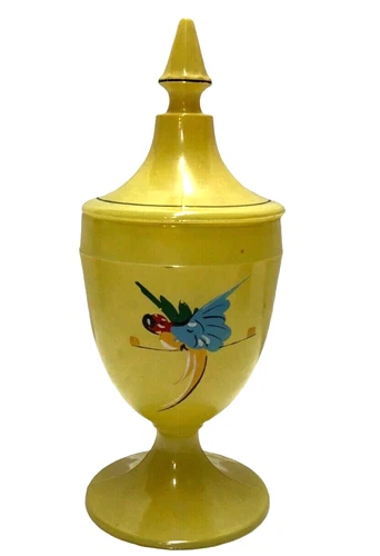 Fenton Hand Painted YellowGlass Covered Footed Candy Dish Box Flowers