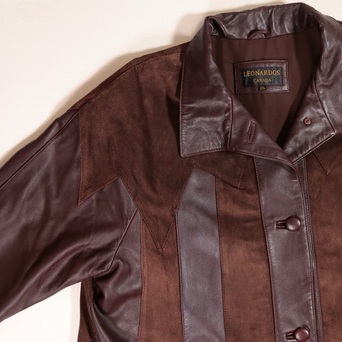 Leonardos Canada Coat XXL Brown Striped Leather Suede Vintage Chest 50" L38" - Picture 4 of 16