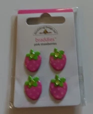 Crafts Doodlebug Brads Braddies Pink Strawberries Green Tops Gems X 4