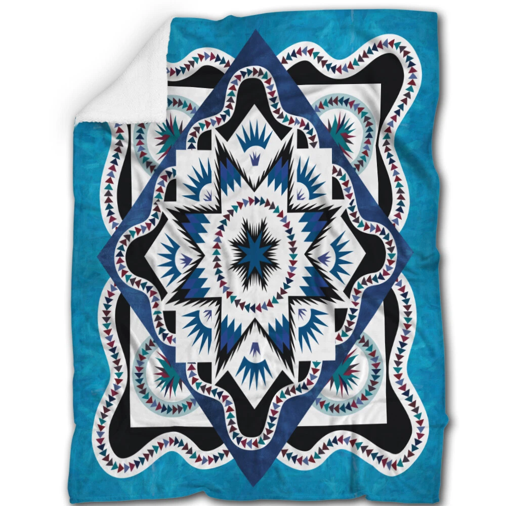 Native Star Blanket, Vintage Blue Lakota Star Fleece, Sherpa Blanket
