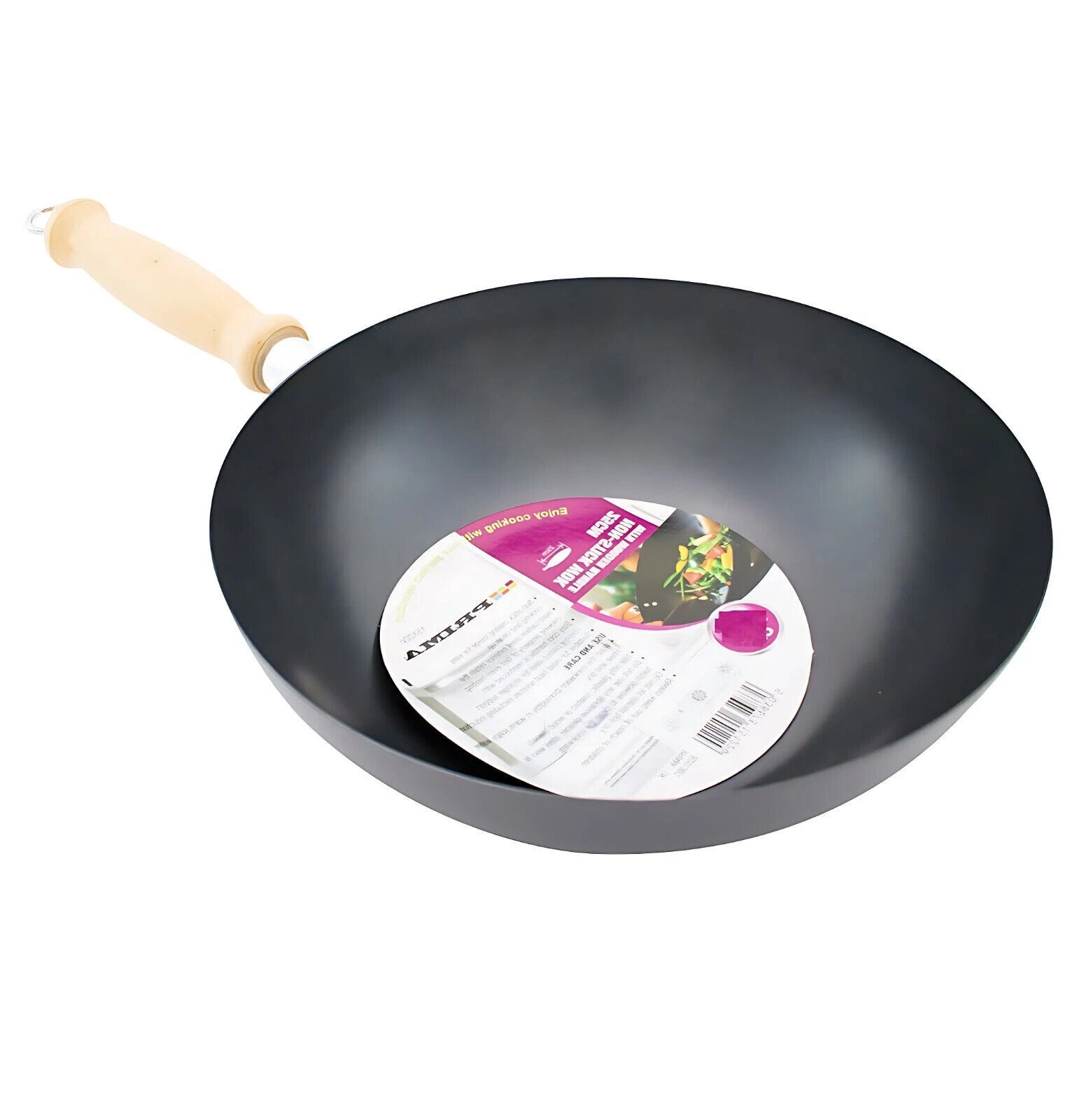 Carbon Steel Induction Wok Chinese Stir Fry Non Stick Frying Pan Wooden Handle