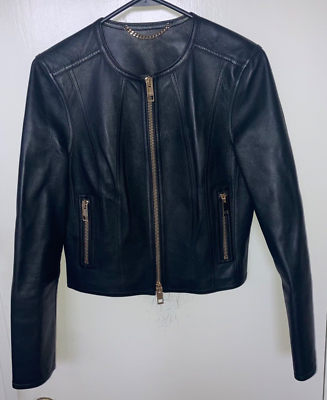 BURBERRY London Paneled Cropped Black Lamb Leather Biker Jacket Sz