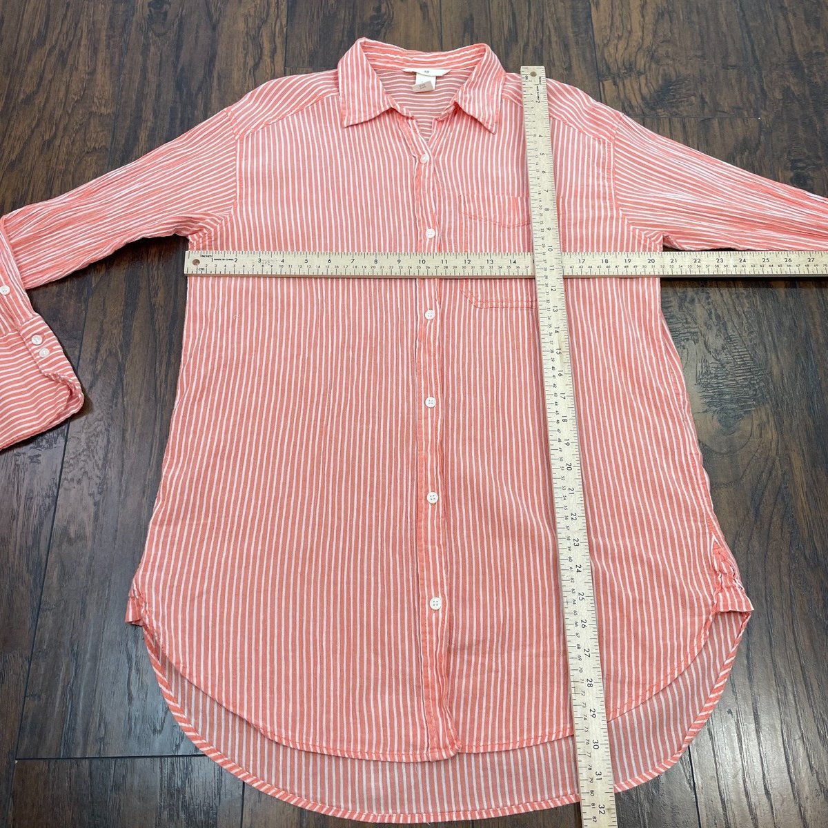 H&M Button-Front Top XS Shirt Striped Orange White Long Sleeve