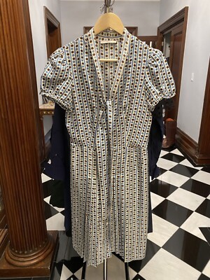 Prada Rare Spring 2004 Silk Print Short Sleeve Pussy Bow Tie Dress Sz 42 NWOT