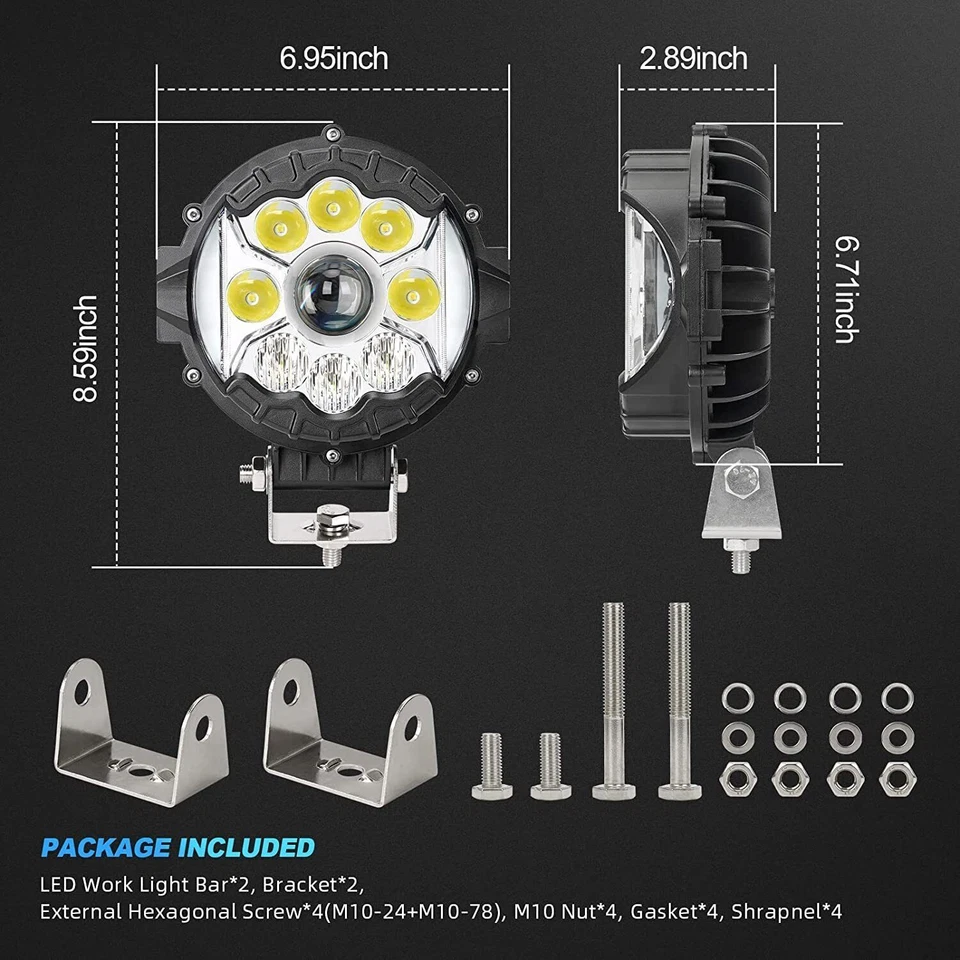 7 Inch Round LED Work Light Pods Spot Flood Fog Offroad Driving White DRL Lights - Image 2 of 4
