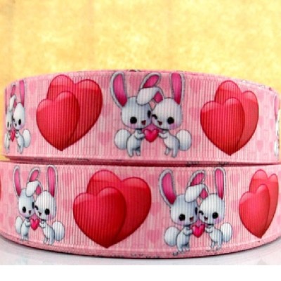 GROSSKÖRNIGES BAND ** 25 mm ** kleines weißes Kaninchen Herz rot rosa - Meterware
