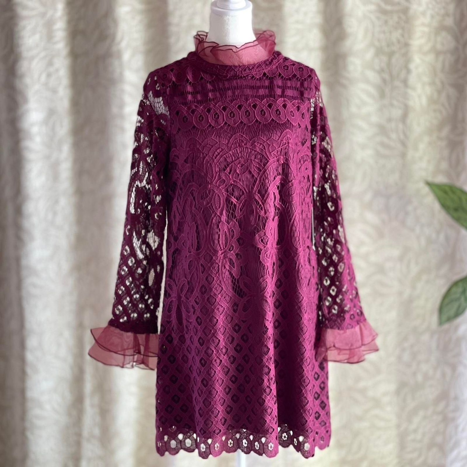 NWT Lulus Burgundy Lace Chiffon Ruffle High Neck Victorian Mod Mini Dress Size S