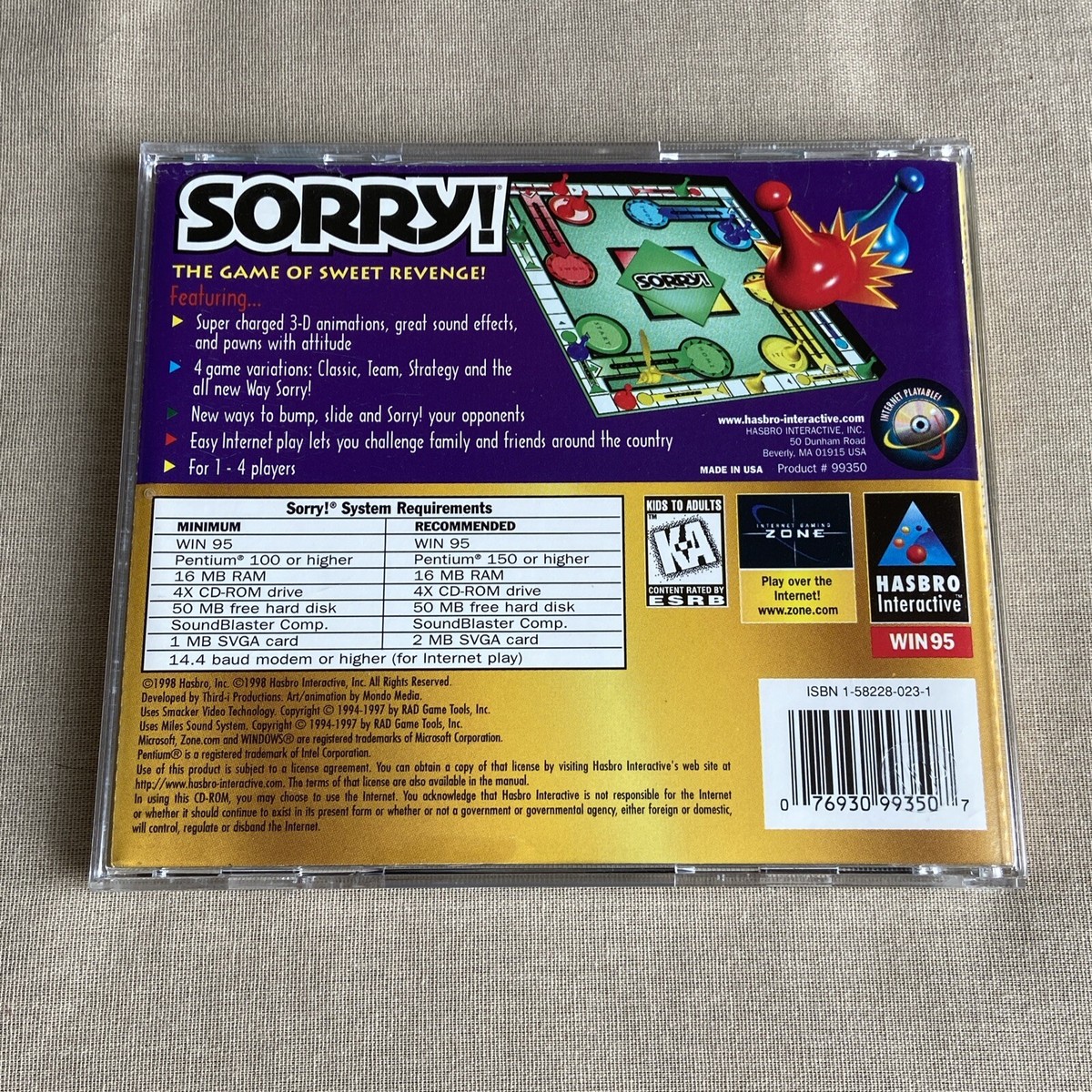 Sorry! (PC CD-ROM WIN 95 1998 Hasbro Interactive) CIB Video Board Sorry! (PC CD-ROM WIN 95 1998 Hasbro Interactive) CIB Video Board