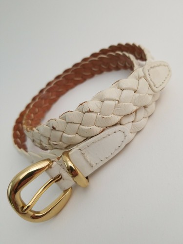 White Leather Braided Belt Women L 