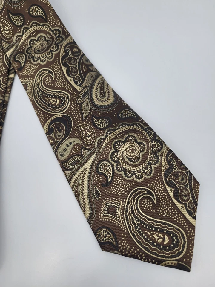 Corbata de poliéster Milani Collezioni marrón dorado negro cachemira para hombre 60 x 3,7/8 Foto 3 de 4