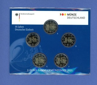 BRD 2 Euro Sammlermünzenset 2025 Deutsche Einheit ADFGJ ganzer Satz Stempelglanz