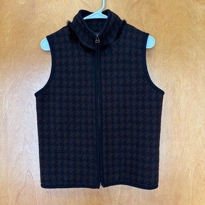 Tally Ho Womens Houndstooth Fur Collar Zip Vest S Brown Black Wool Blend