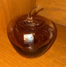 Vtg Blenko Amber Art Glass Apple Paperweight MCM Applied Clear Stem Hand Blown