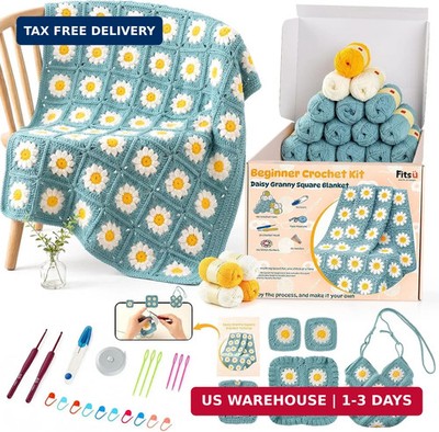 Fitsu Crochet Kit for Beginners, Daisy Granny Square Blanket Crochet Starter Kit