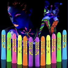 12 Pcs Glow In The Dark Paint Face&Body Paint Crayons UV Black Light Neon Marker