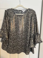 LC Lauren Conrad Women’s Blouse Xl Black With Flower Print Shiny