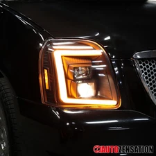 Fit 2007-2014 GMC Yukon XL 1500 Denali Black Projector Headlights LED Sequential