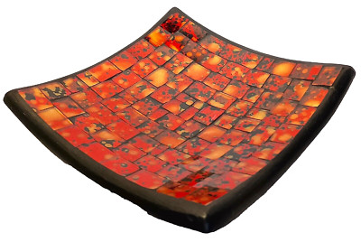 Ceramic and Mosaic Art Glass Tray, Hand Made, Volcano Theme - 6 by 6 Inches