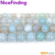 BIg Hole Natural Round Sky Blue Banded Agate Loose Beads For Jewelry Making 15"