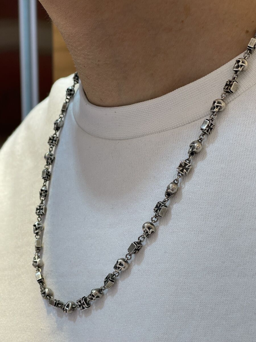 Solid 925 Sterling Silver Mens Heavy Skull Cross Beaded Solid 925 Sterling Silver Mens Heavy Skull Cross Beaded