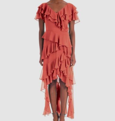 $575 Badgley Mischka Women's Red High-Low Tiered Ruffle Gown Dress Size 2