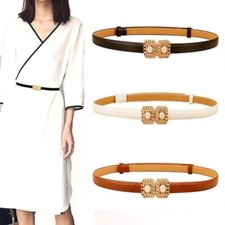 Adjustable Cummerbunds Women Waistband Pearl Buckle Thin PU Belt Waist Belt